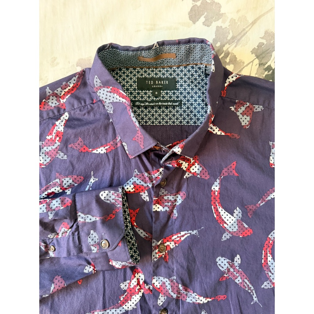 Ted Baker London Mens Koi Fish Print Button Down Shirt Purple Size 6 XL Designer
